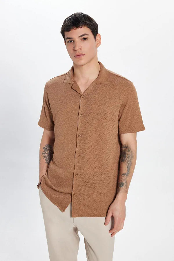 Chemise Homme Col Cubain en Maille - Marron