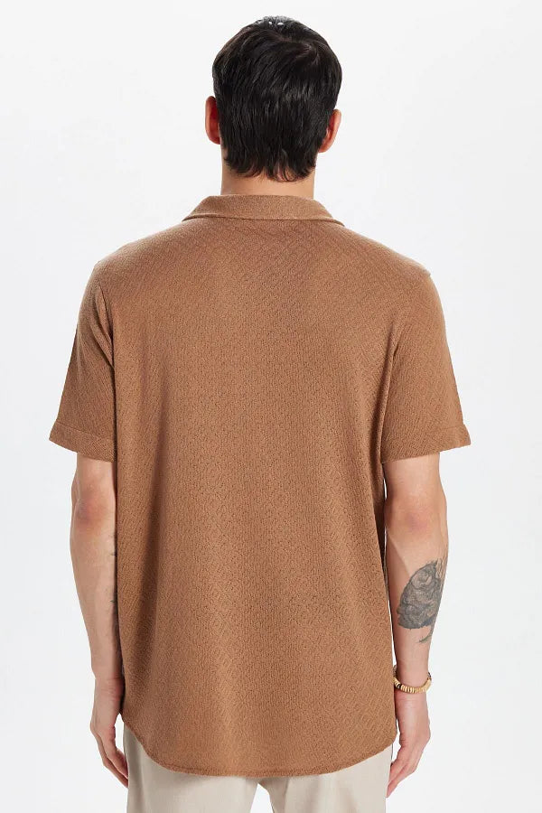 Chemise Homme Col Cubain en Maille - Marron