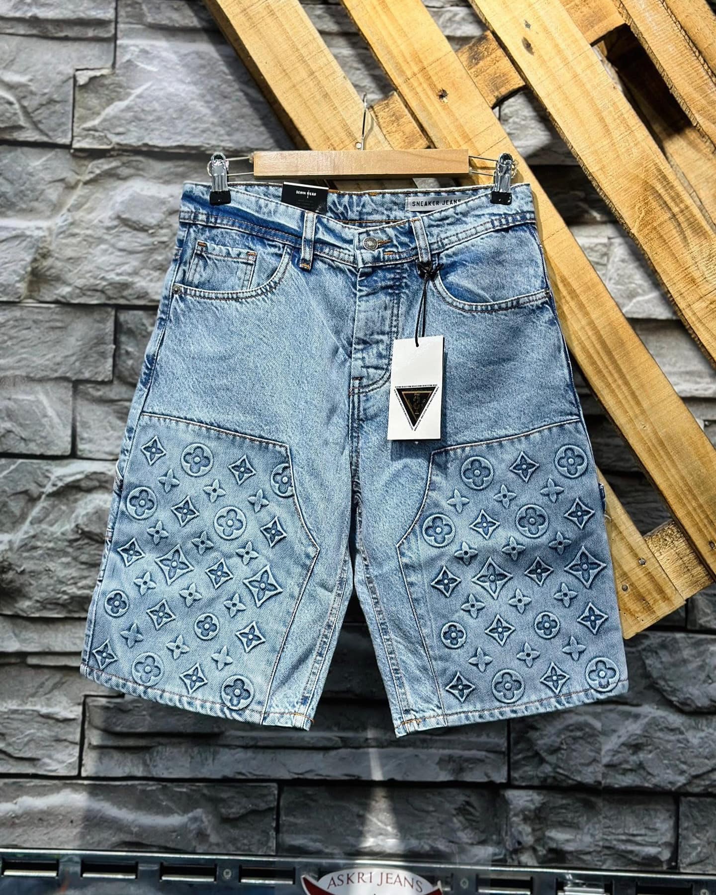 Shorts en Jean Gris avec Motifs Exclusifs (Blue)